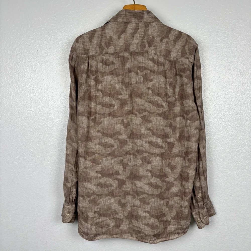 Joseph Abboud 100% Linen Camo Button Up Shirt Men's Large Brown Roll Tab Casual